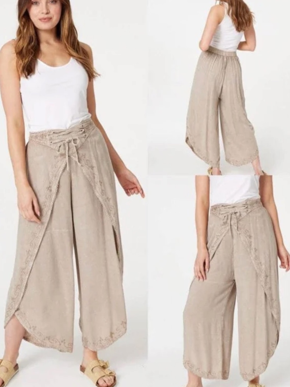 My Choice Boho Embroidered Tulip Wrap Palazzo Wide Leg Pants in Black One Size